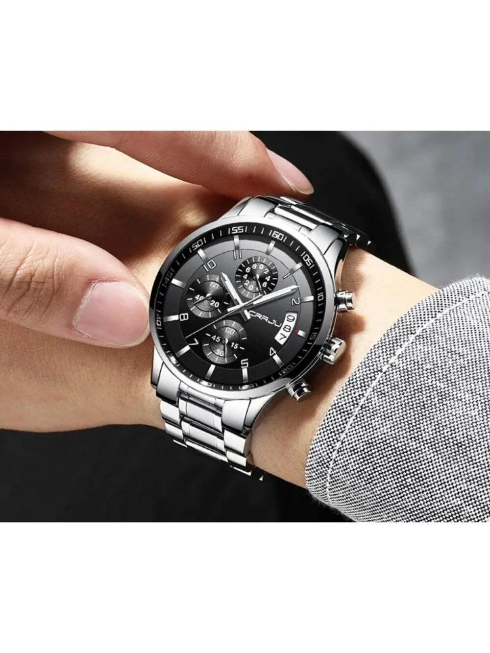 Men's Silver And Black Analog Stainless Steel Waterproof Chronograph Wrist Watch